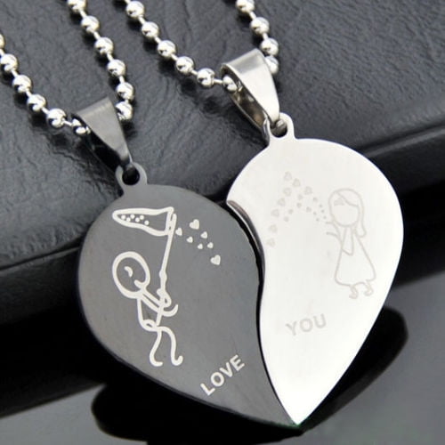 His & Hers Stainless Steel Love You Boy & Girl Heart Couple Pendant Necklaces